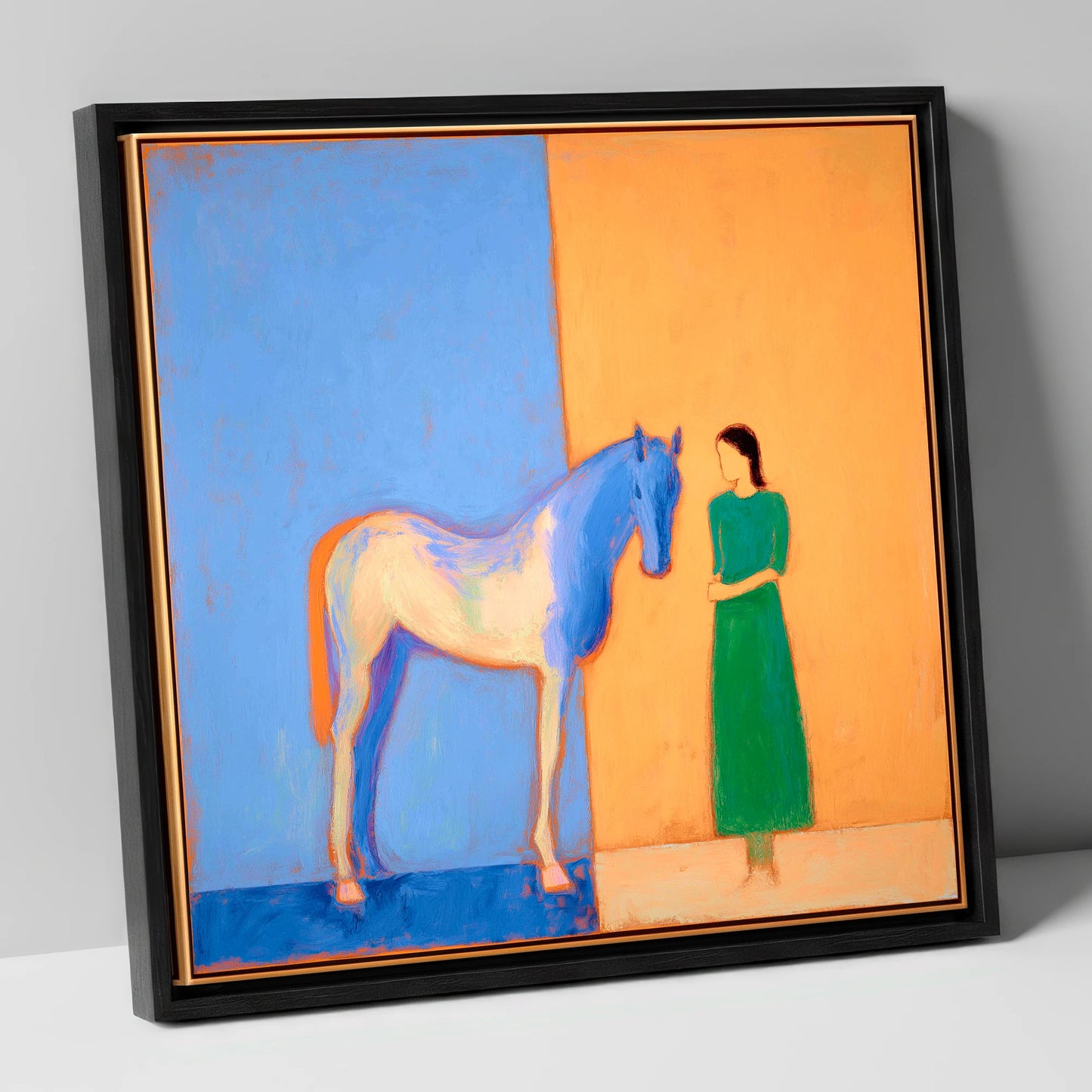 The Silent Bond horse & rider canvas wall art in black frame