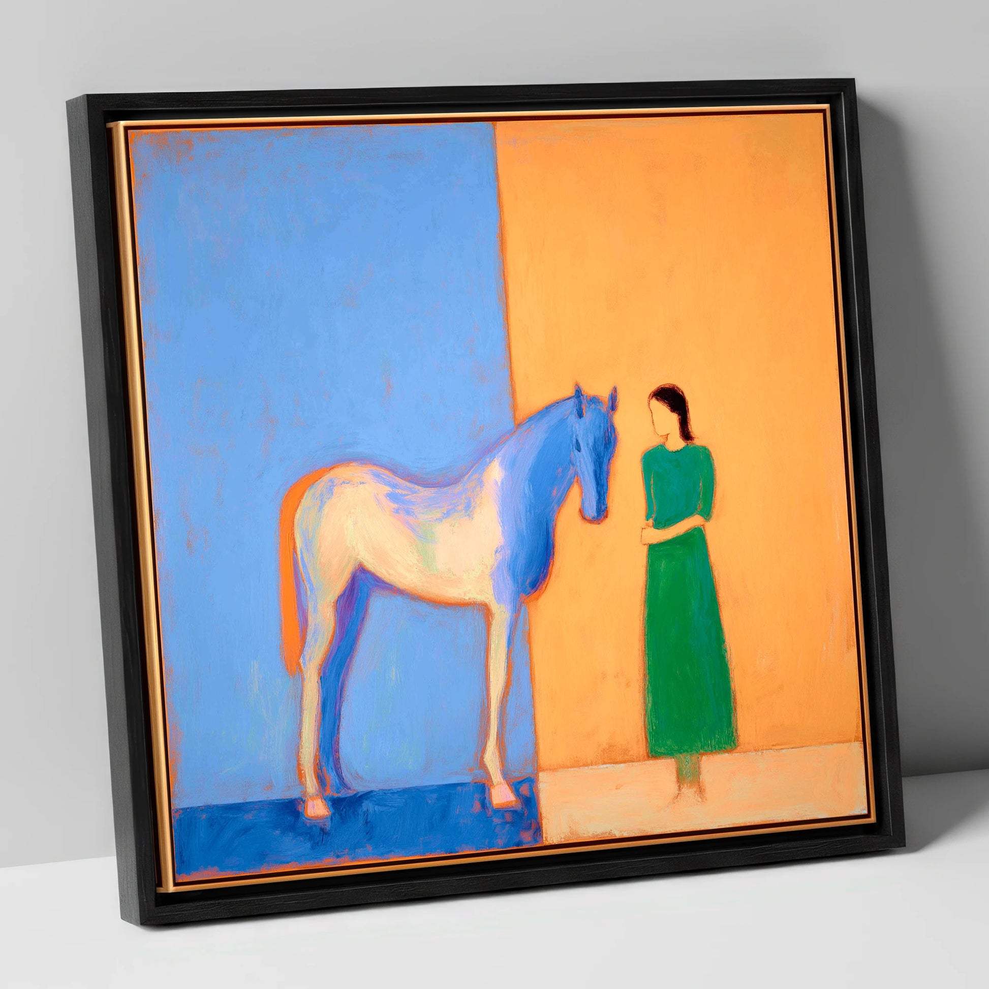 The Silent Bond horse & rider canvas wall art in black frame