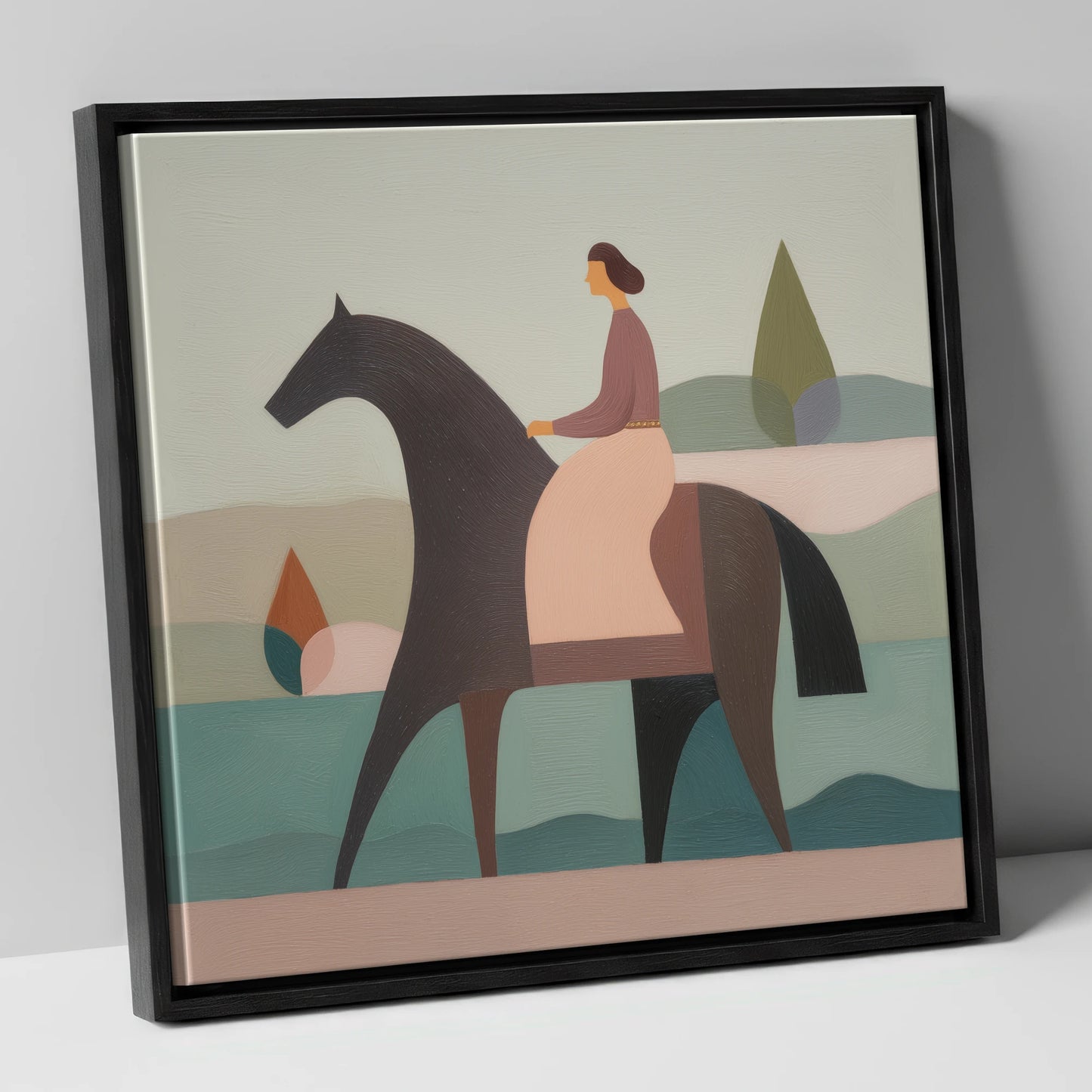 Quiet Harmony dressage horse canvas wall art in black frame