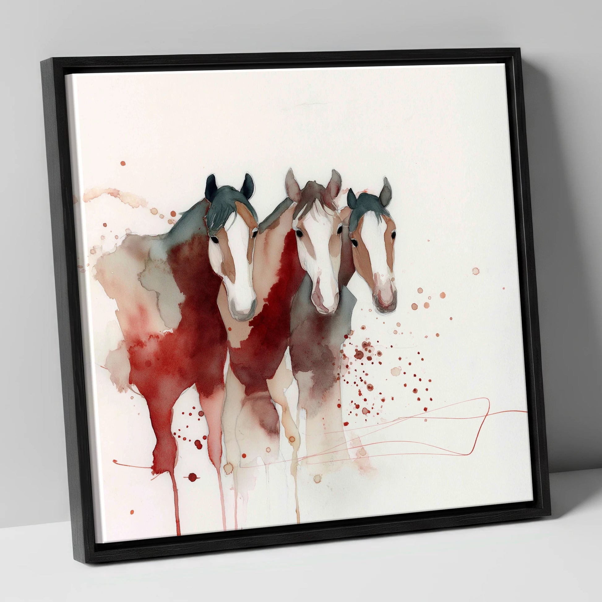 Crimson Companions wild horses canvas wall art in black frame