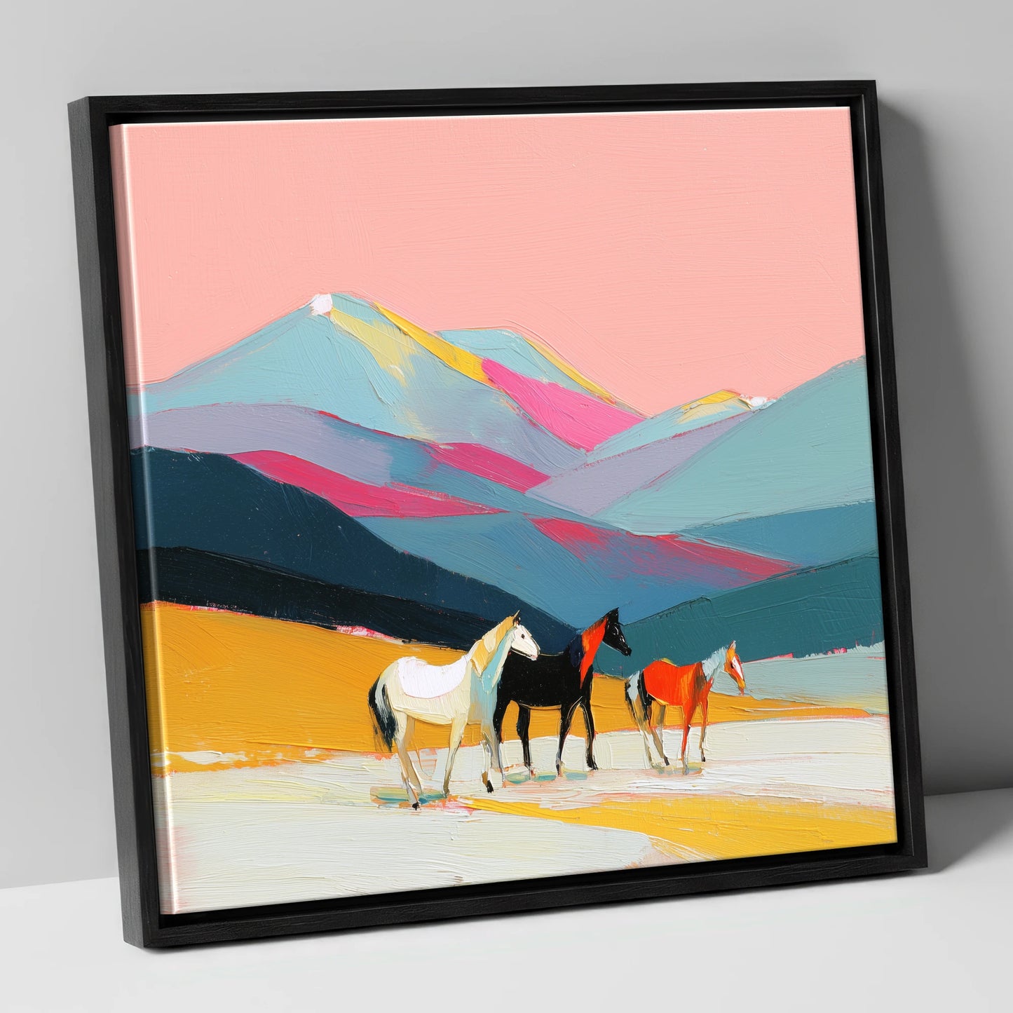Vibrant Mountain Herd horse landscape canvas wall art in black frame
