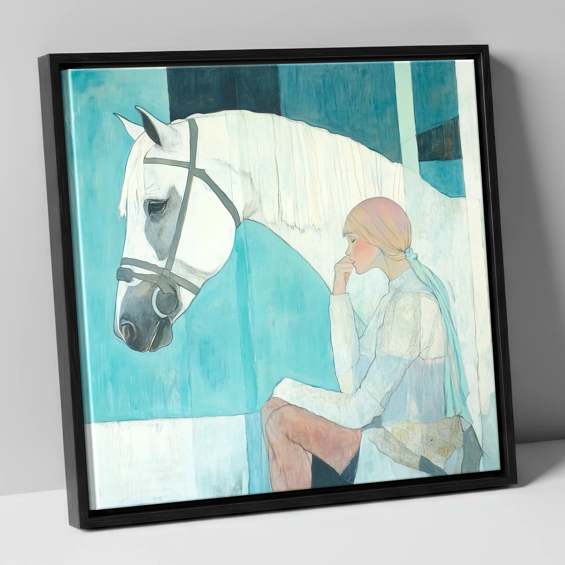 Quiet Contemplation horse & rider canvas wall art in black frame