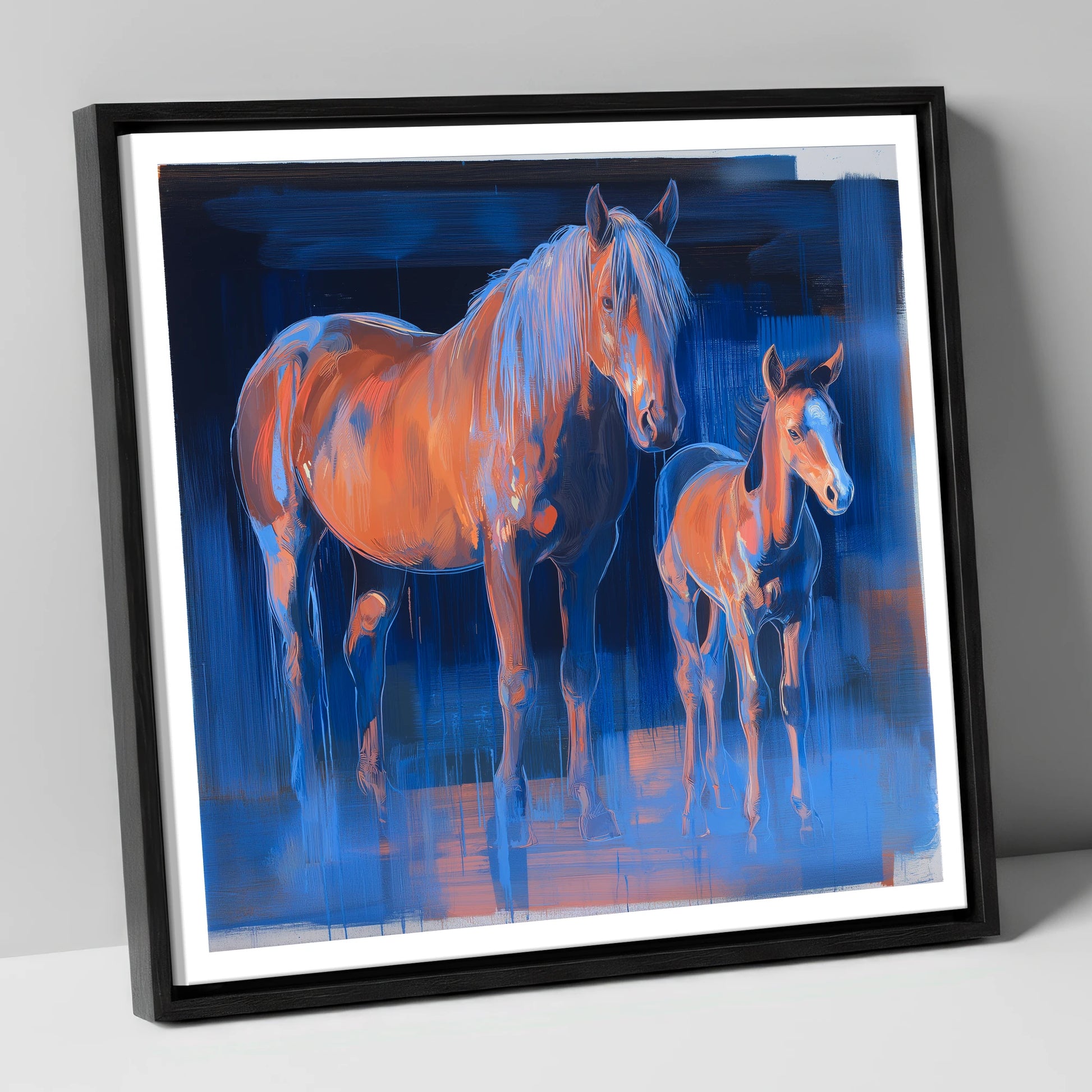 Cobalt and Apricot mare & foal canvas wall art in black frame