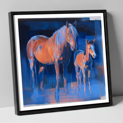 Cobalt and Apricot mare & foal canvas wall art in black frame