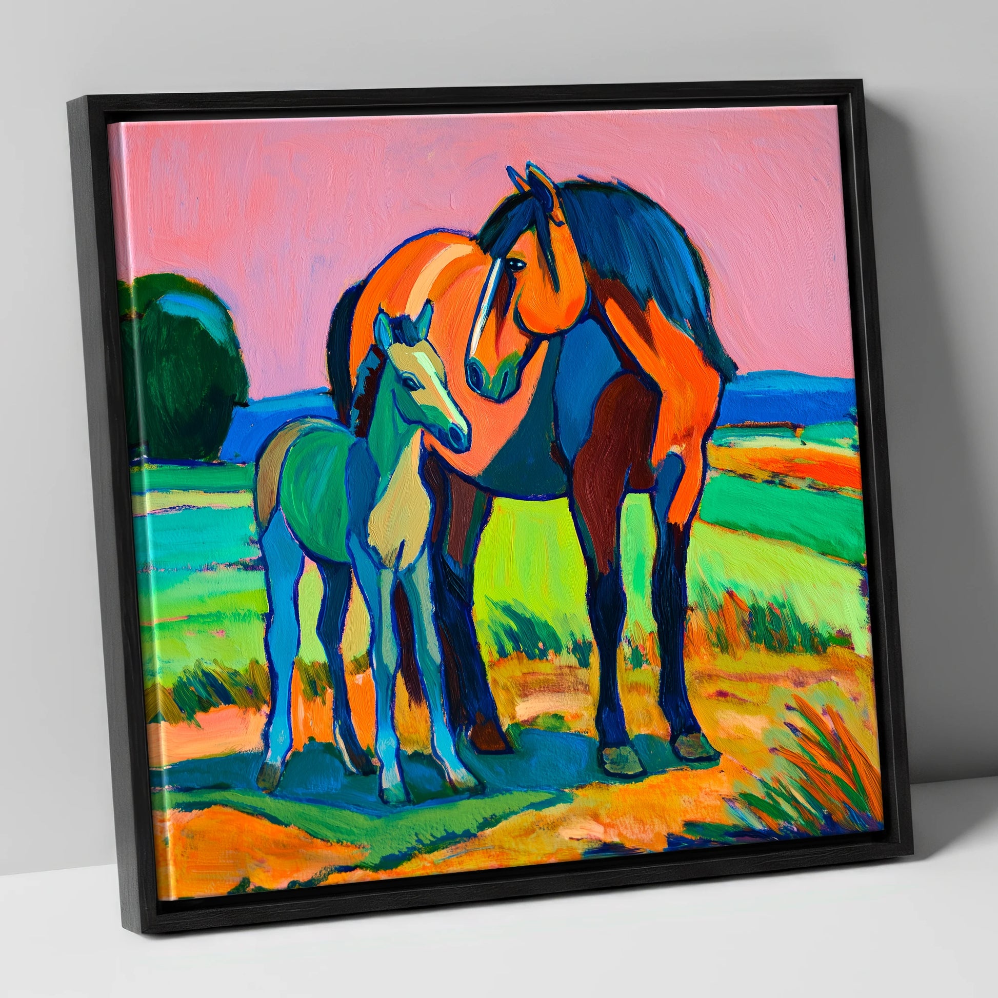 Vivid Bonds mare & foal canvas wall art in black frame