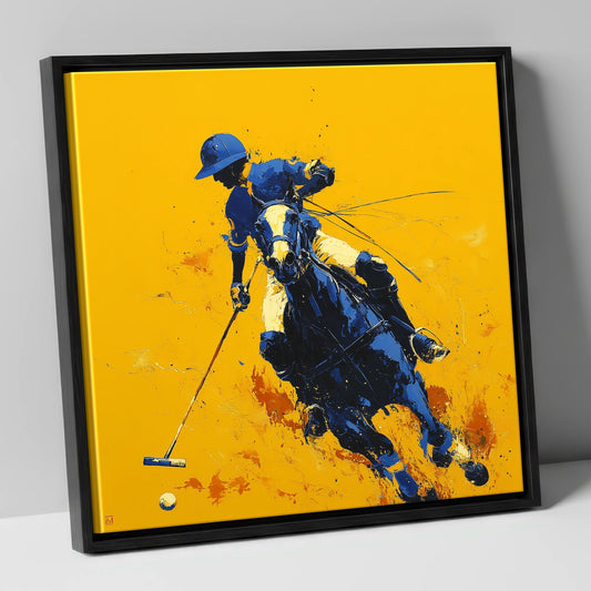 Indigo Chukka Strike polo horse canvas wall art in black frame