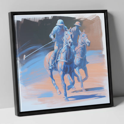 Cobalt Polo Pursuit polo horse canvas wall art in black frame