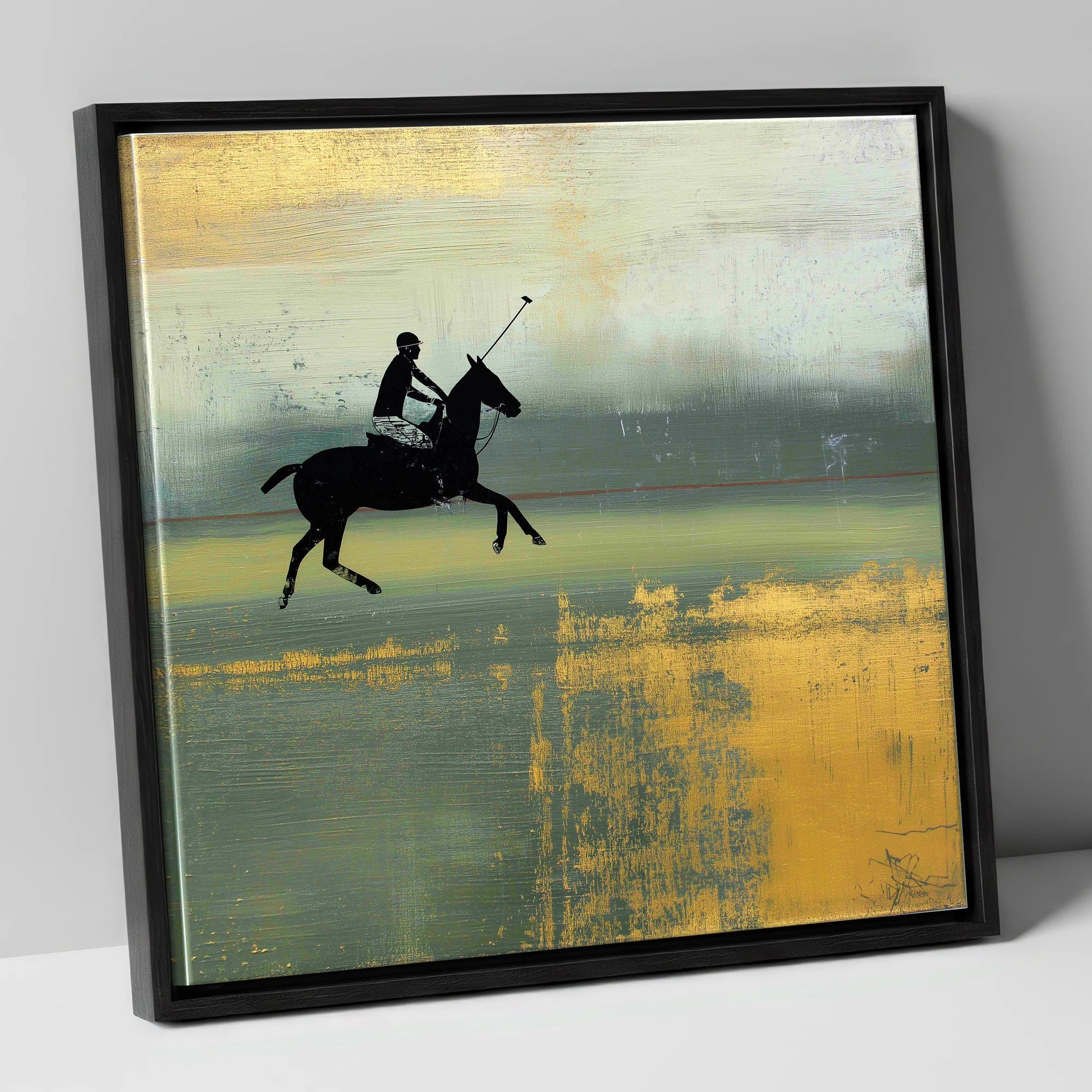 Gilded Chukka polo horse canvas wall art in black frame
