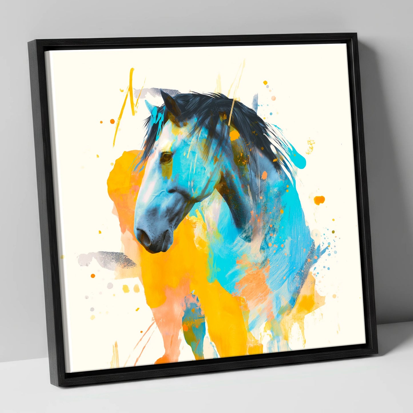 Azure Spirit horse portrait canvas wall art in black frame