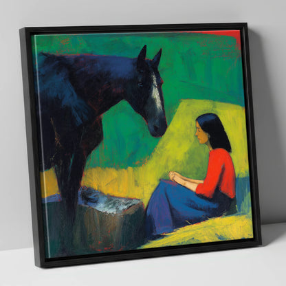 Quiet Communion horse & rider canvas wall art in black frame