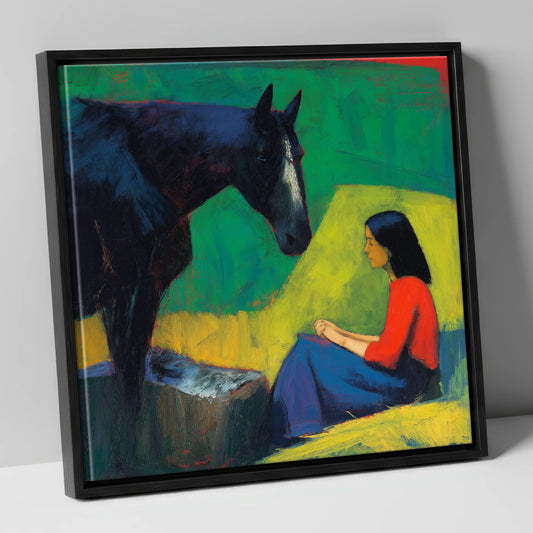 Quiet Communion horse & rider canvas wall art in black frame
