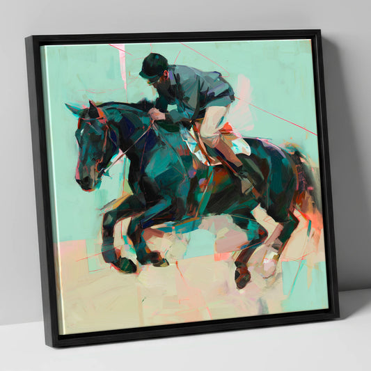 Modern Showjumper show jumping horse canvas wall art in black frame