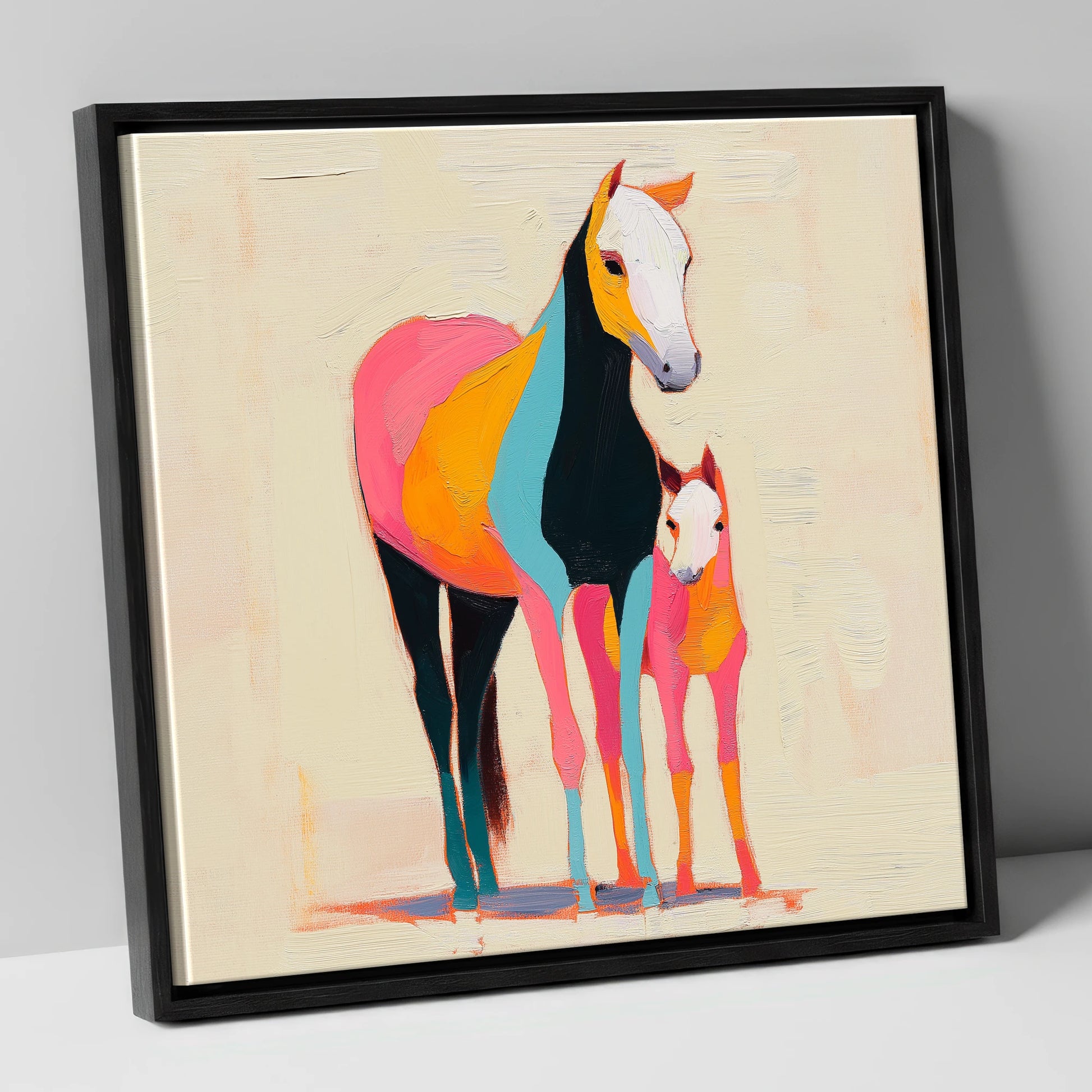 Vibrant Painted Bond mare & foal canvas wall art in black frame