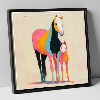 Vibrant Painted Bond mare & foal canvas wall art in black frame