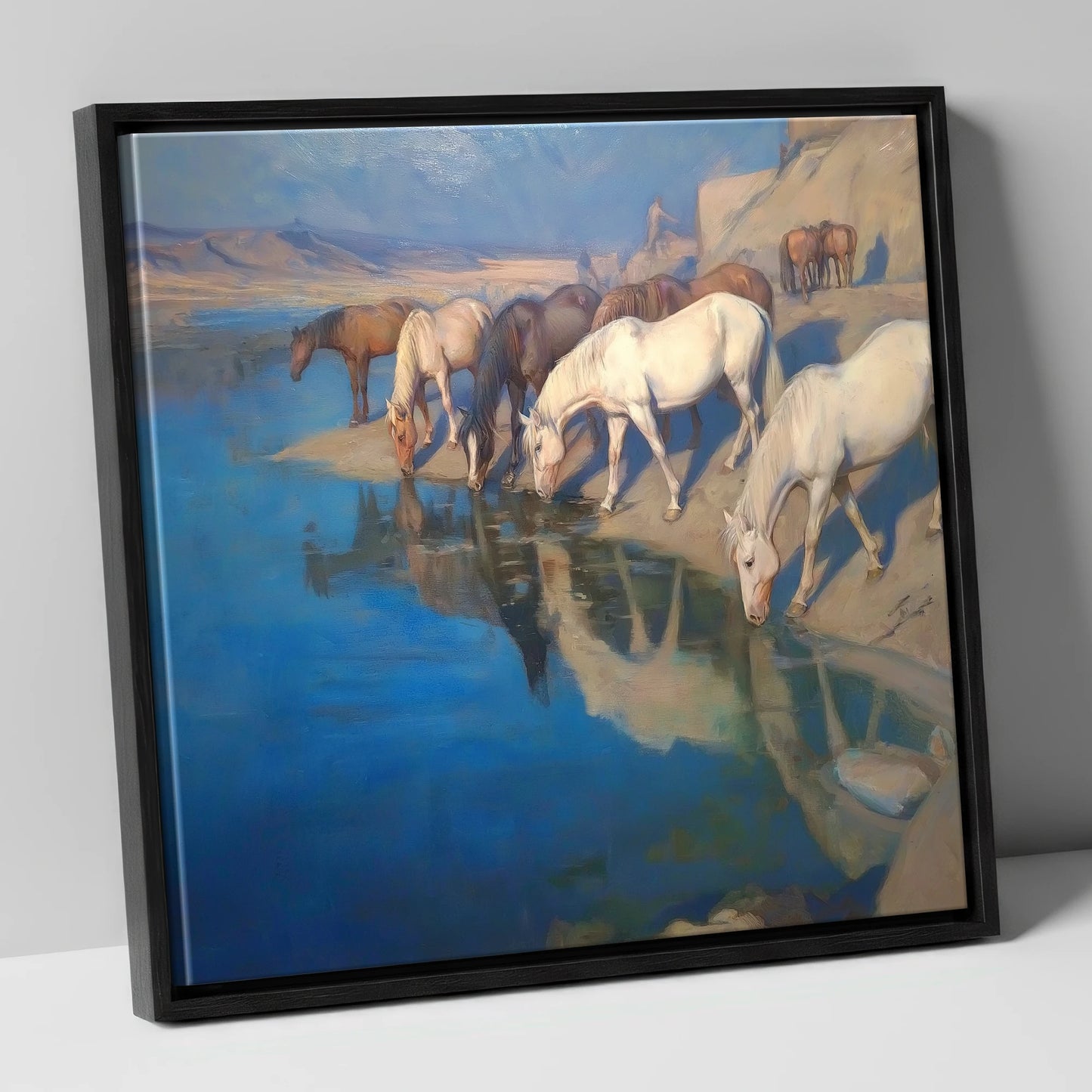 Oasis Reflections wild horses canvas wall art in black frame