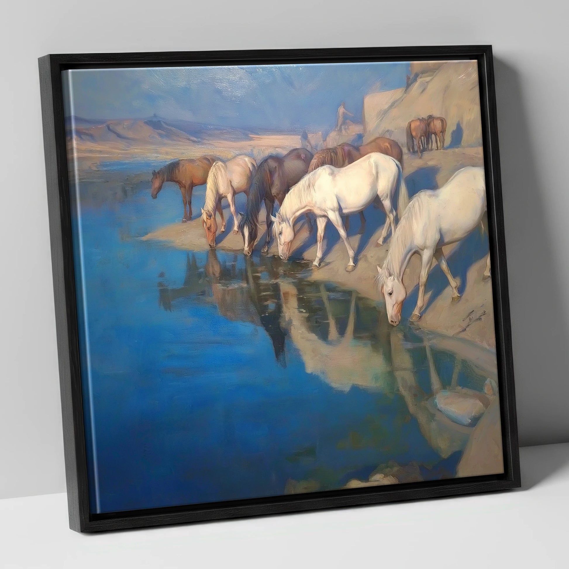 Oasis Reflections wild horses canvas wall art in black frame