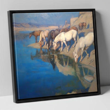 Oasis Reflections wild horses canvas wall art in black frame