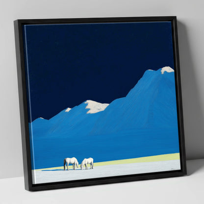 Cobalt Peaks and Greys horse landscape canvas wall art in black frame