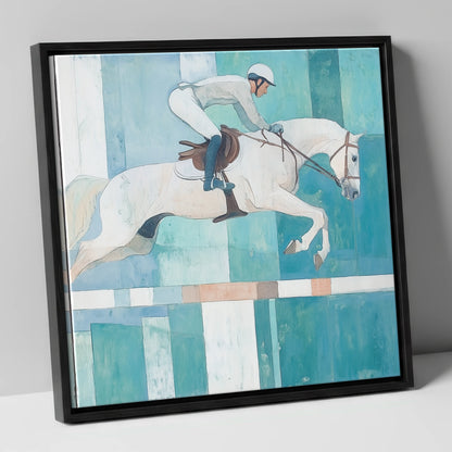Aquamarine Ascent show jumping horse canvas wall art in black frame