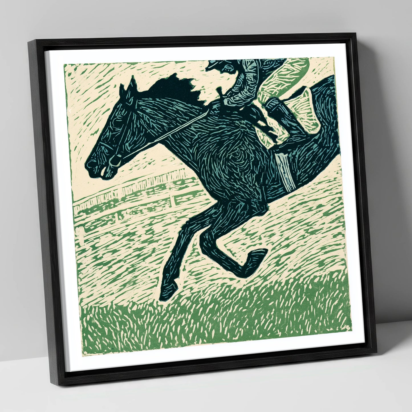 Thunder on the Turf racing horse canvas wall art in black frame