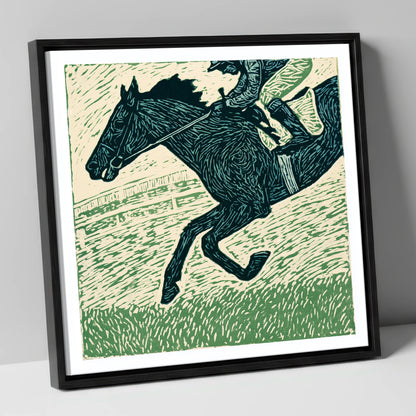 Thunder on the Turf racing horse canvas wall art in black frame