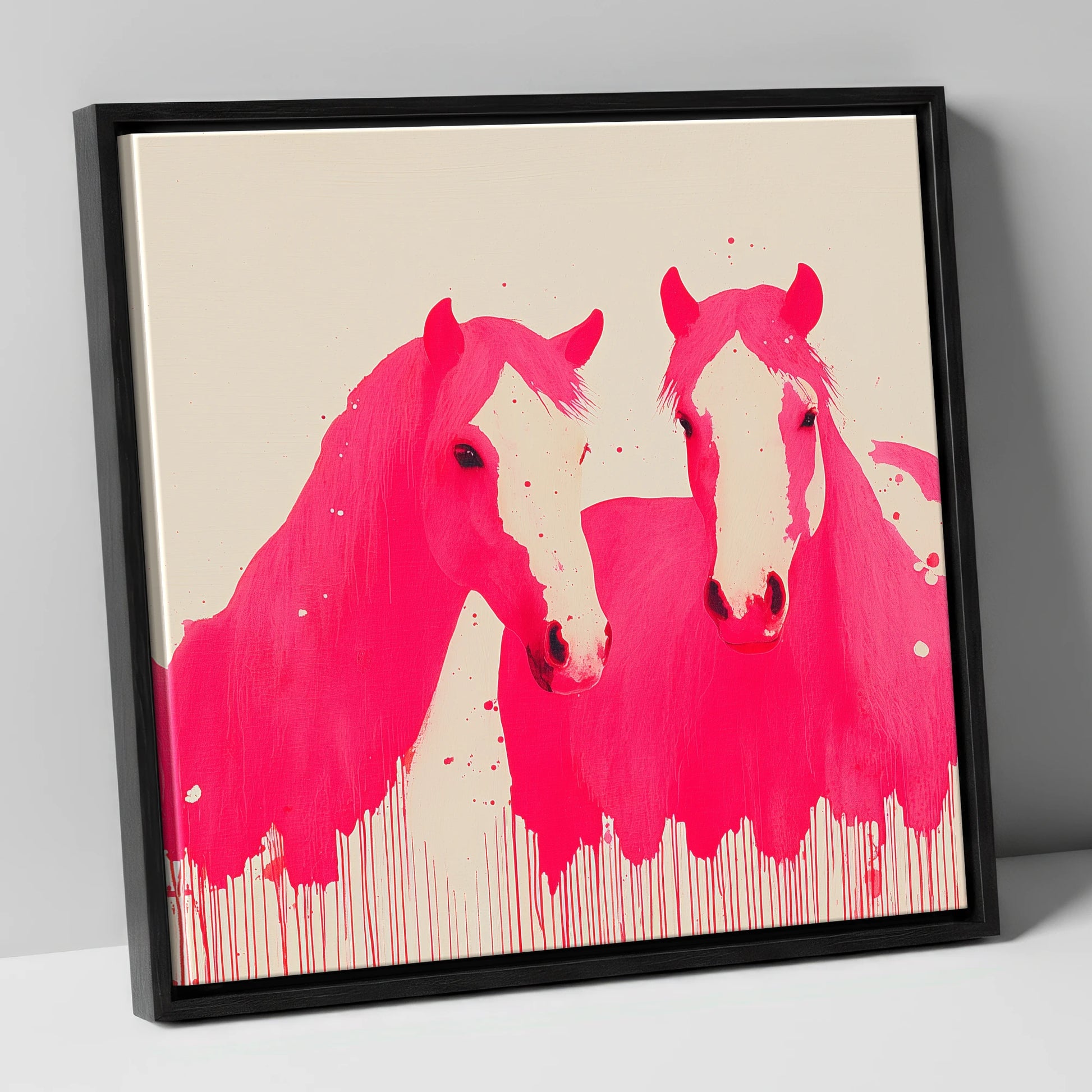 Vivid Magenta Pair horse landscape canvas wall art in black frame