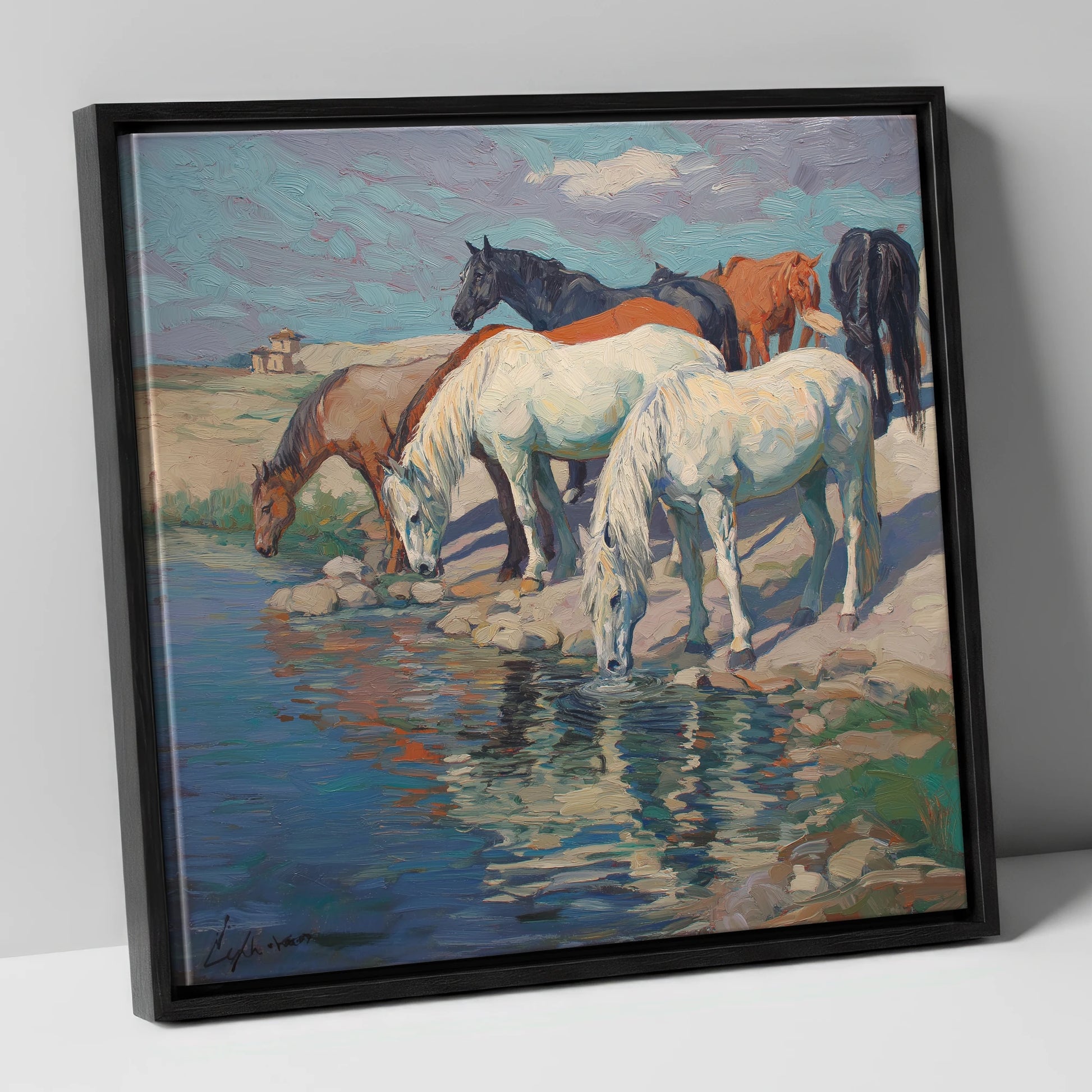The Watering Hole wild horses canvas wall art in black frame