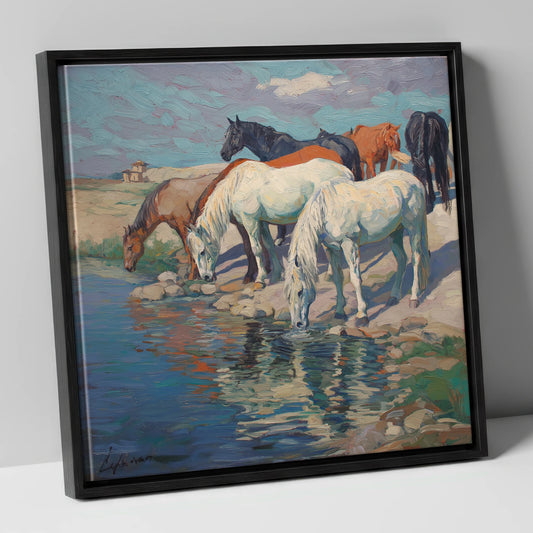 The Watering Hole wild horses canvas wall art in black frame