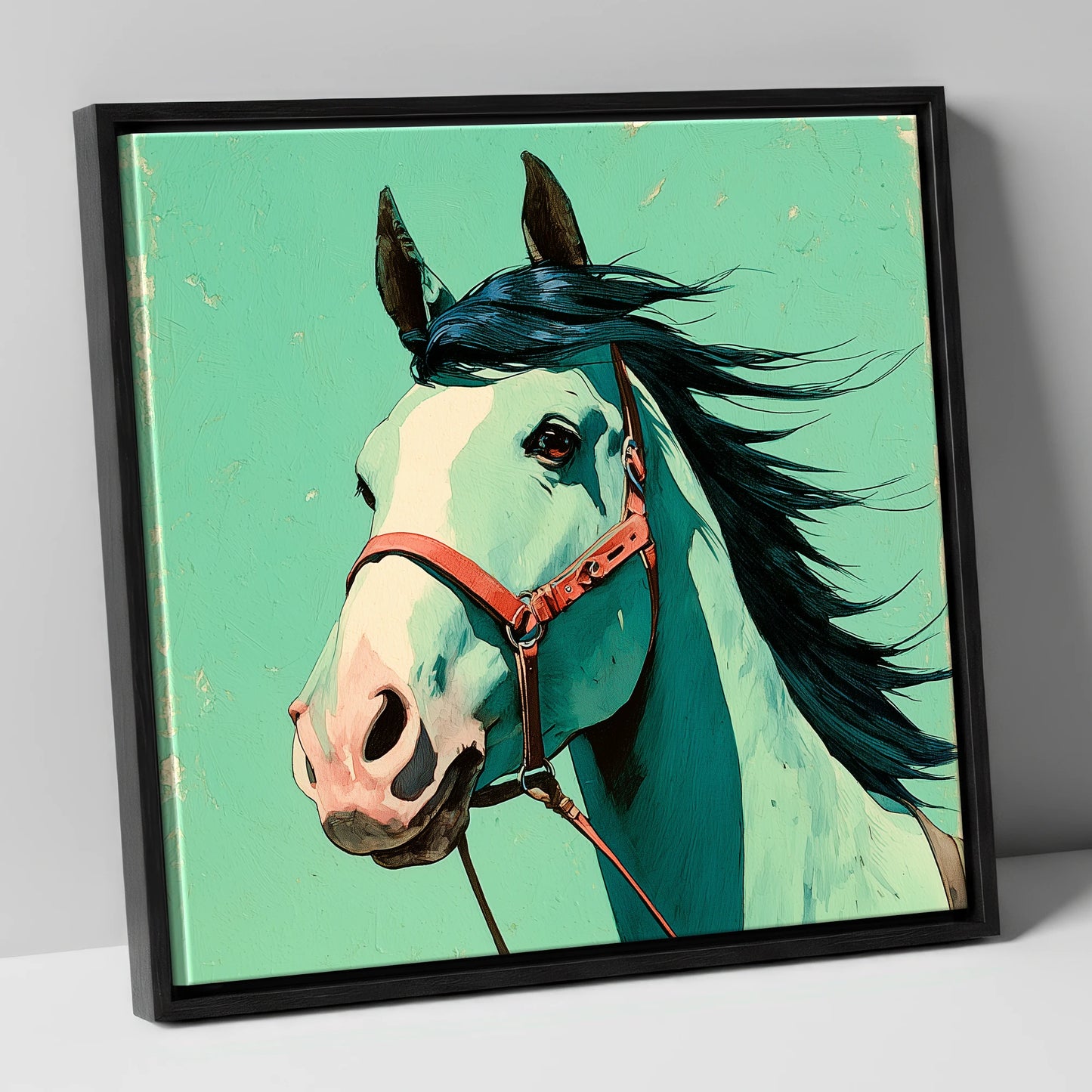 Windswept in Teal horse breed canvas wall art in black frame