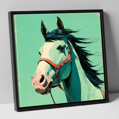 Windswept in Teal horse breed canvas wall art in black frame