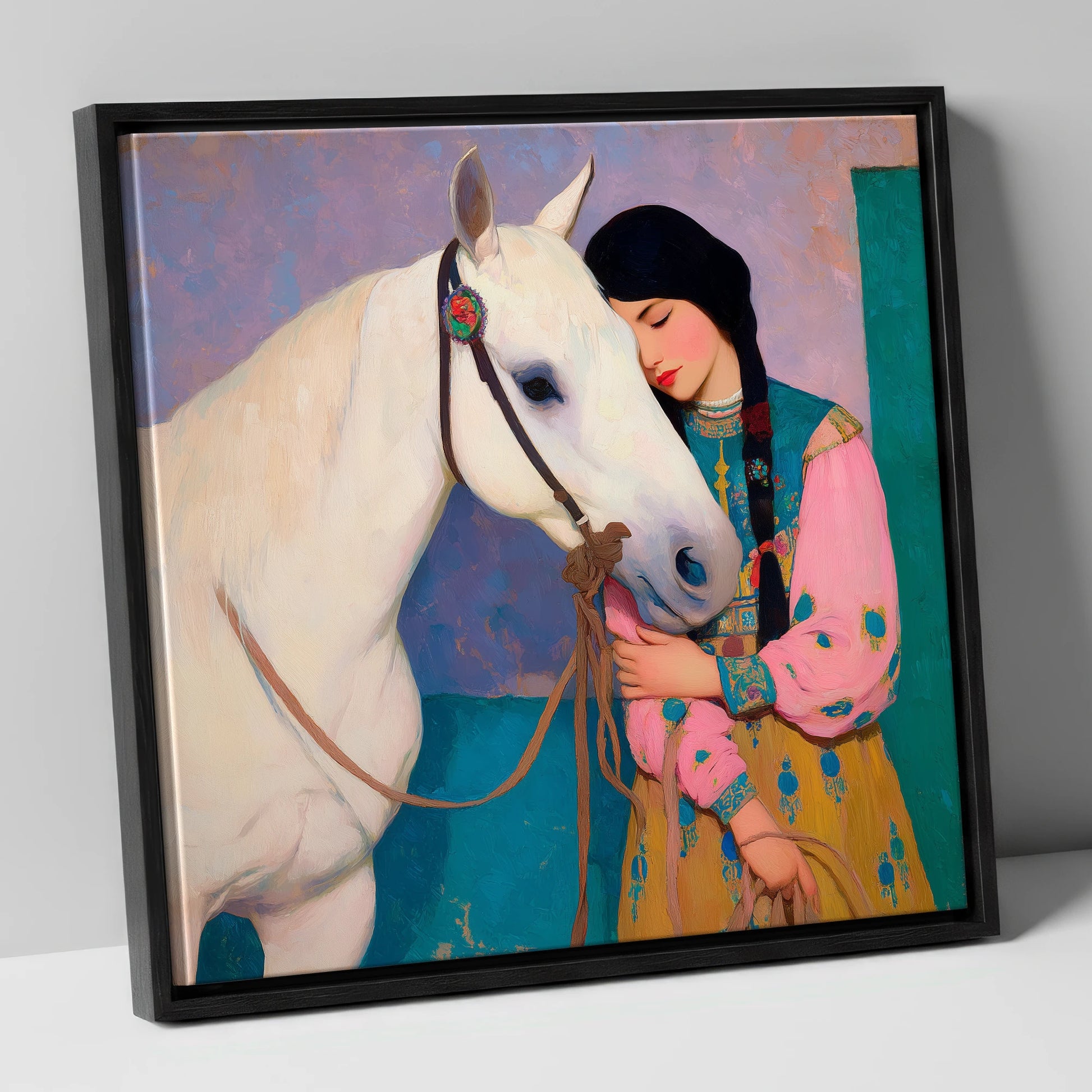 Quiet Devotion horse & rider canvas wall art in black frame