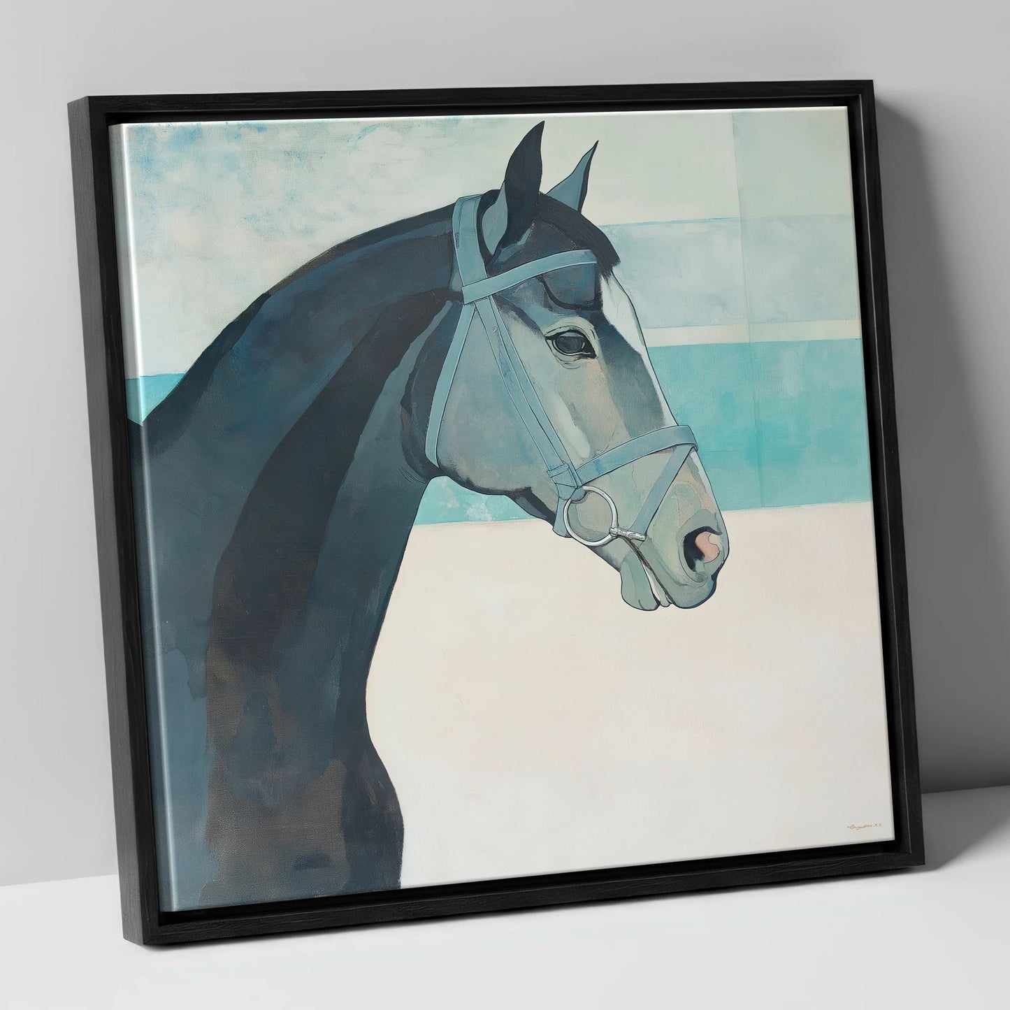 Serene Aquamarine Profile racing horse canvas wall art in black frame