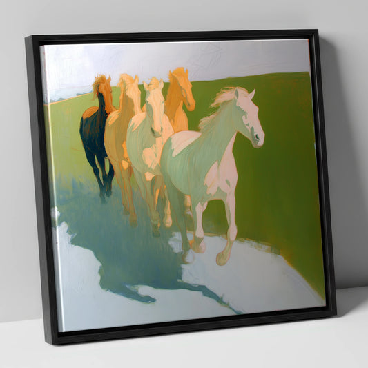 Ethereal Pastel Herd wild horses canvas wall art in black frame