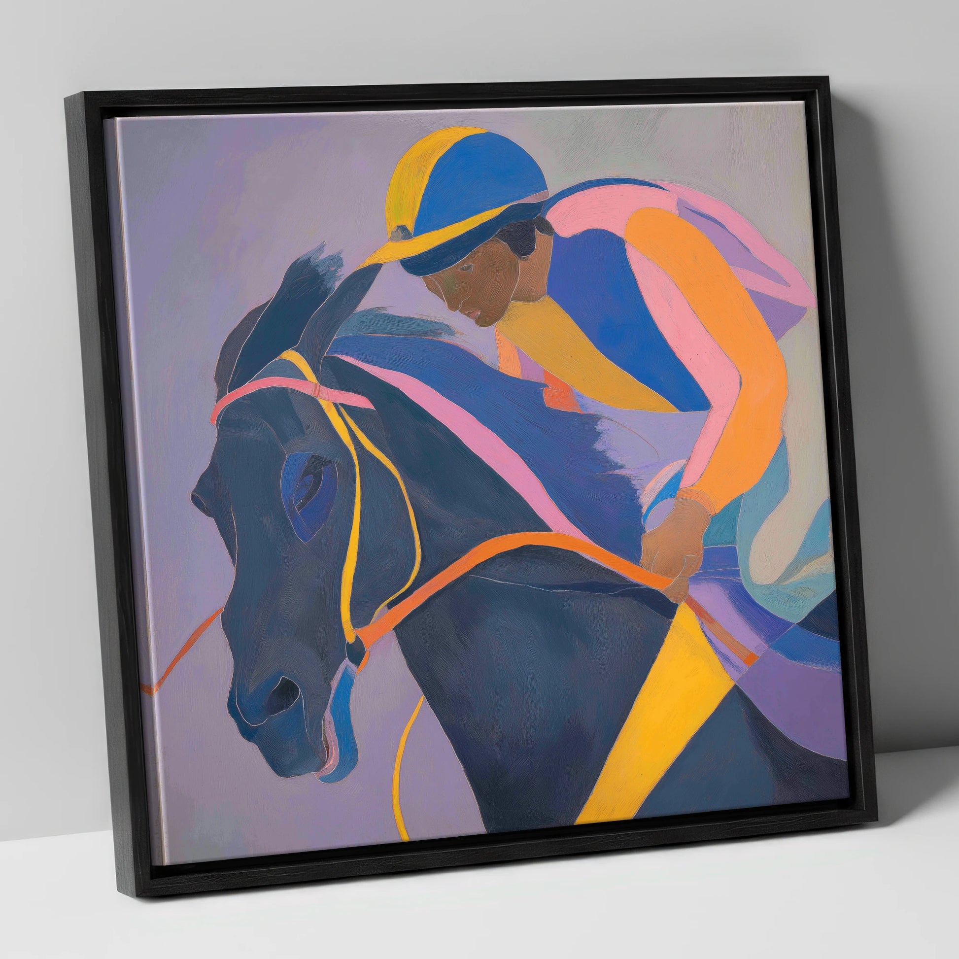 Dynamic Silks racing horse canvas wall art in black frame