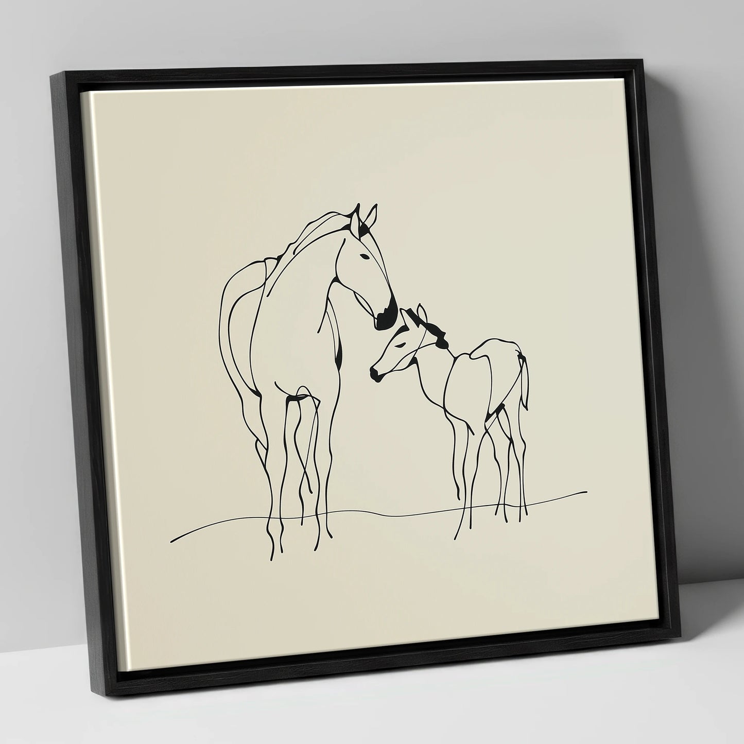 Quiet Maternal Bond mare & foal canvas wall art in black frame