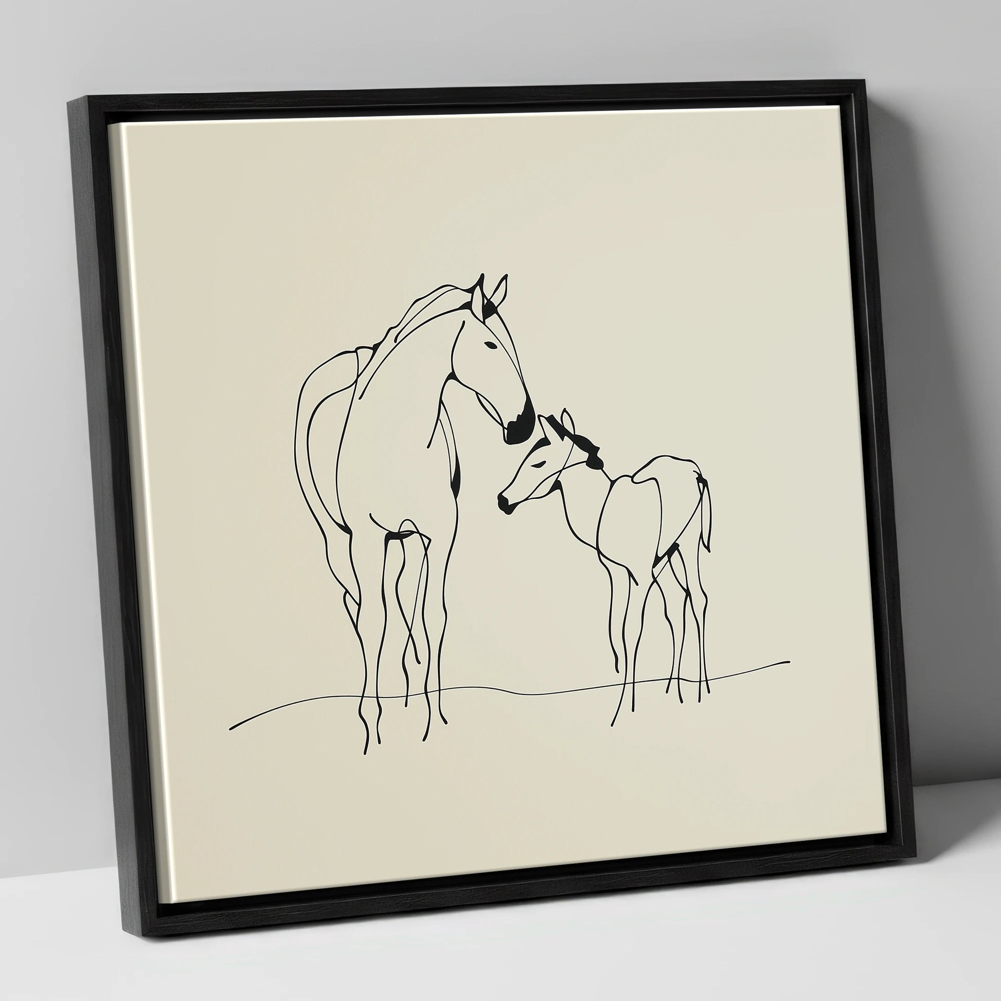Quiet Maternal Bond mare & foal canvas wall art in black frame