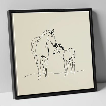 Quiet Maternal Bond mare & foal canvas wall art in black frame