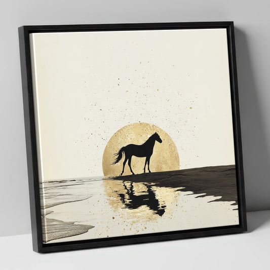 Gilded Shoreline Solitude horse landscape canvas wall art in black frame