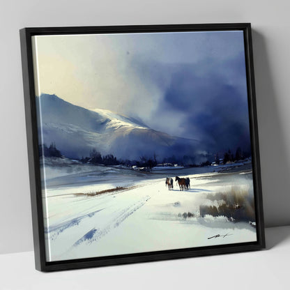 Indigo Winter Valley horse landscape canvas wall art in black frame