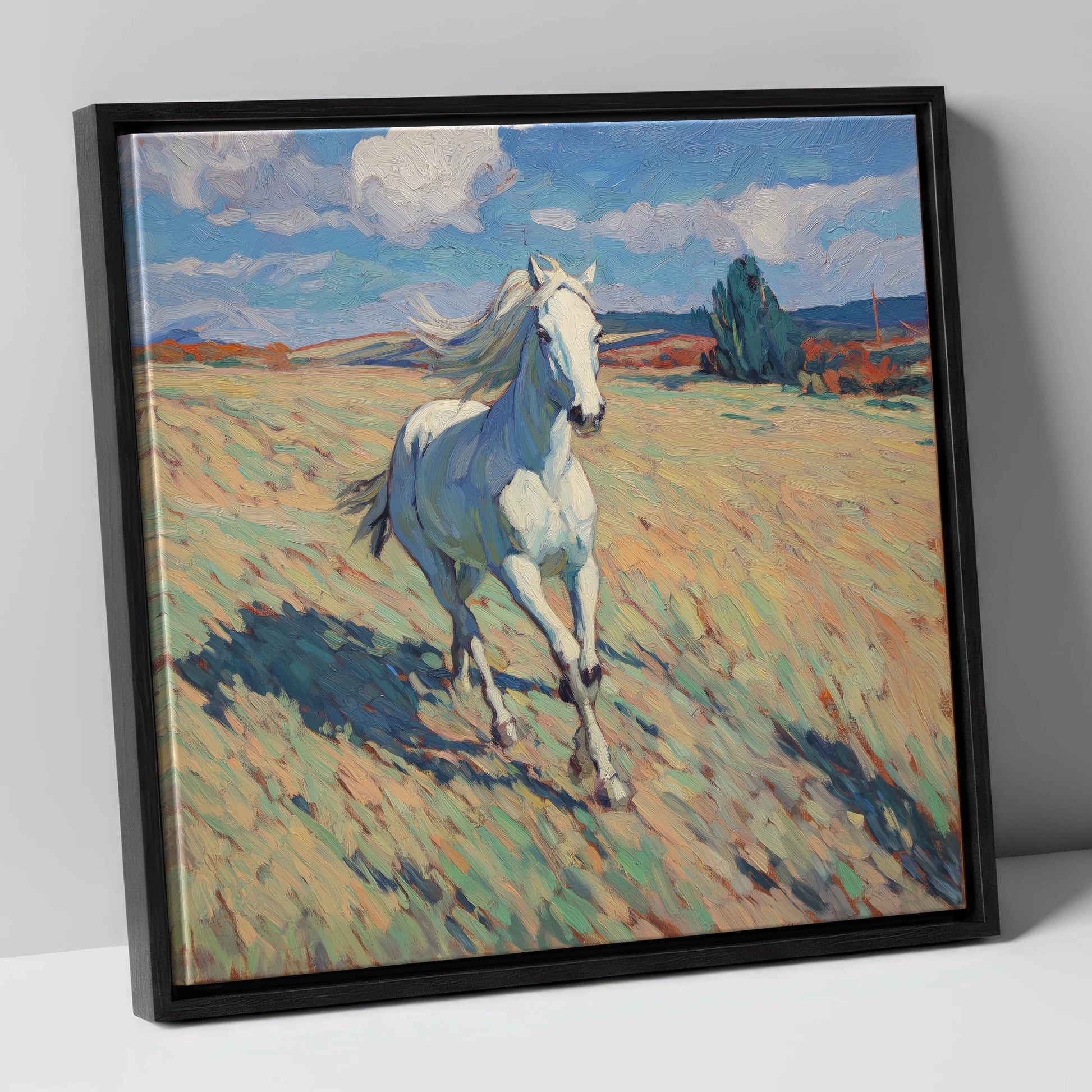 Sunlit Meadow Gallop wild horses canvas wall art in black frame