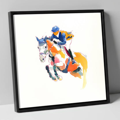 Dynamic Flight show jumping horse canvas wall art in black frame