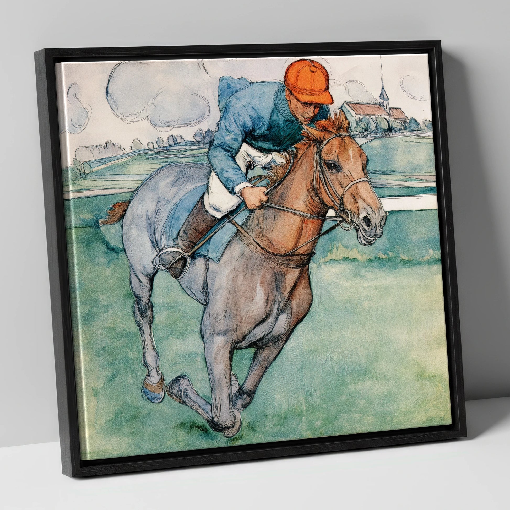 The Final Furlong racing horse canvas wall art in black frame