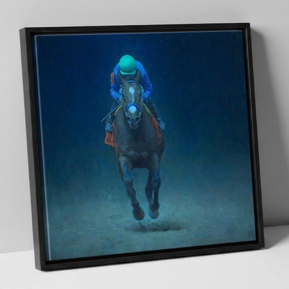 The Indigo Gallop racing horse canvas wall art in black frame