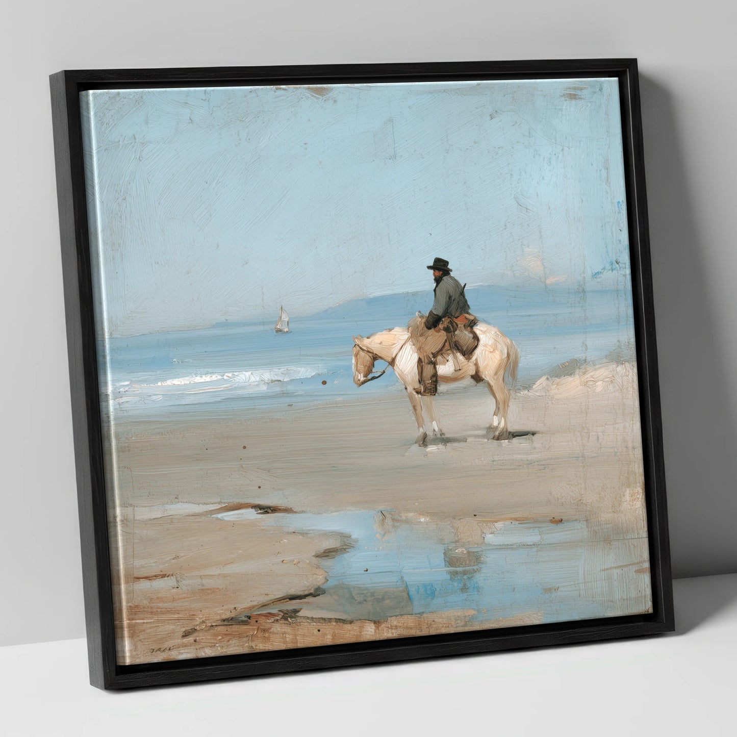 Coastal Hack at Low Tide horse landscape canvas wall art in black frame