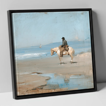 Coastal Hack at Low Tide horse landscape canvas wall art in black frame