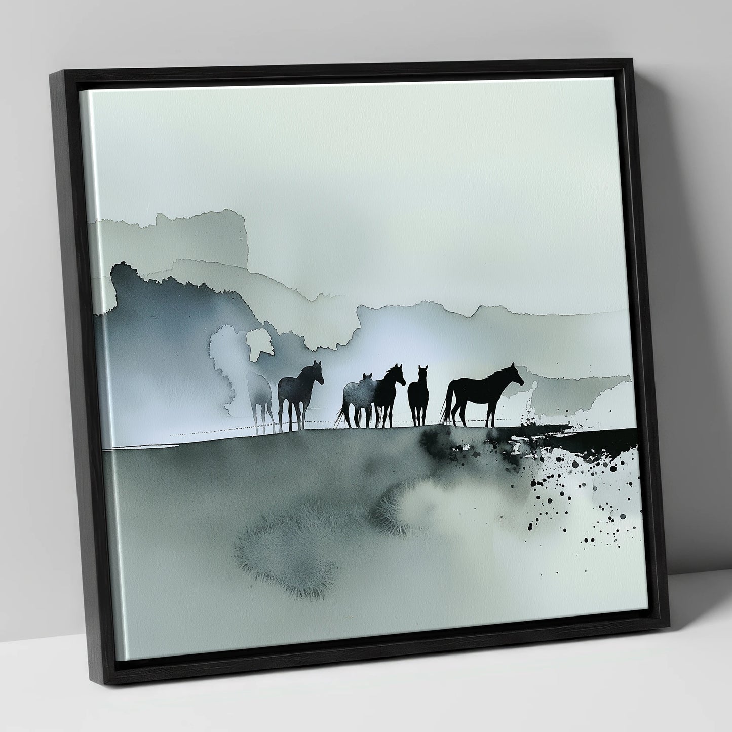 Silent Sentinels of the Mist wild horses canvas wall art in black frame