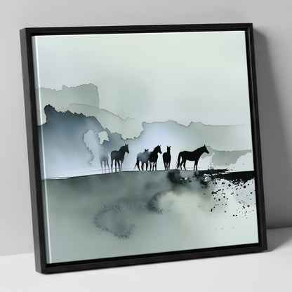 Silent Sentinels of the Mist wild horses canvas wall art in black frame