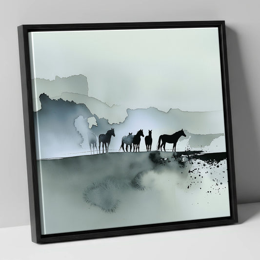 Silent Sentinels of the Mist wild horses canvas wall art in black frame