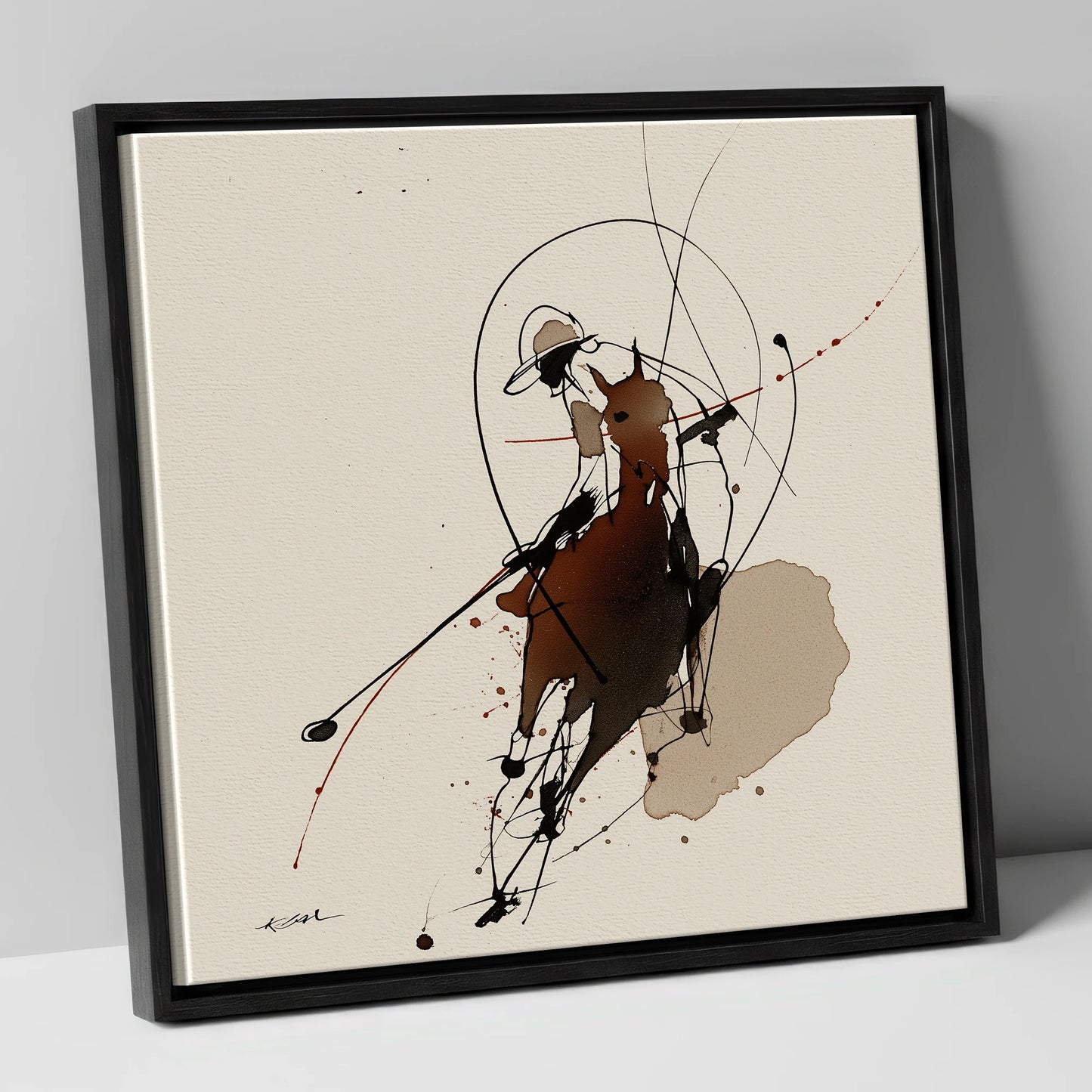 The Decisive Strike polo horse canvas wall art in black frame