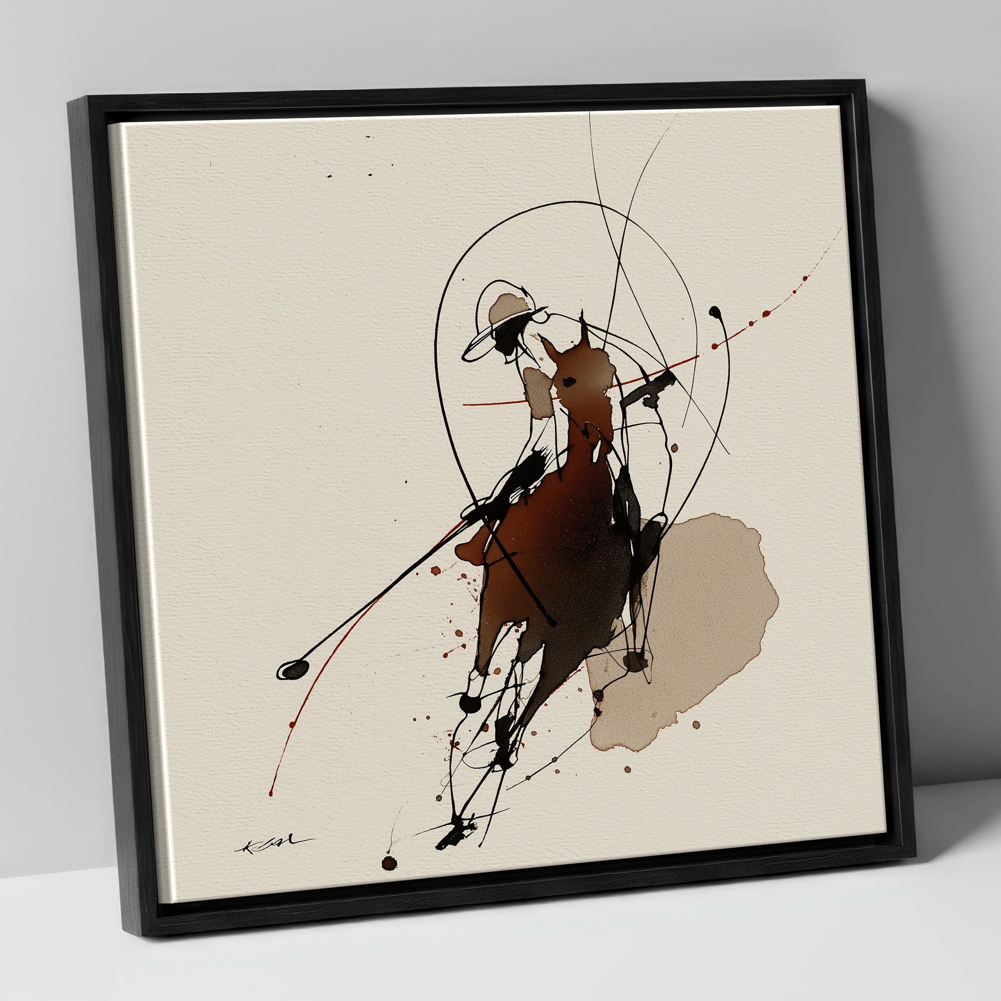 The Decisive Strike polo horse canvas wall art in black frame